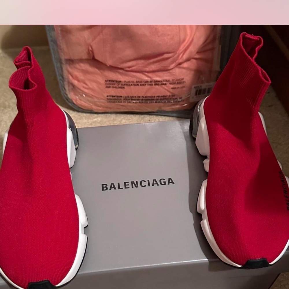Balenciaga Red and White Knit Sneakers - Picture 8 of 8